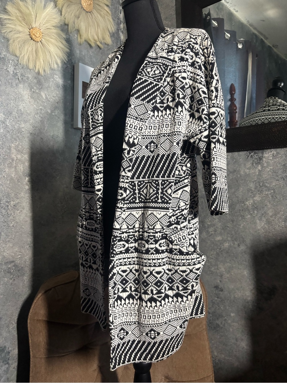Aztec Pattern Black Ribbed Knit Top with Care Tag